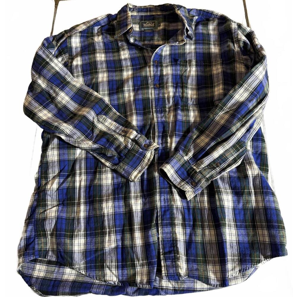 WOOLRICH Cotton Flannel Blue/White Plaid Men's XL L/S Shirt. Preppy CabinCore